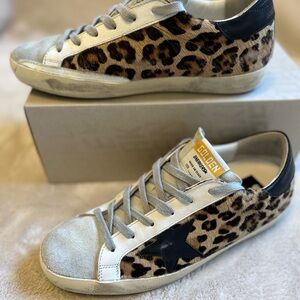 Golden Goose Superstar distressed leopard-print calf hair sneakers. Size 39